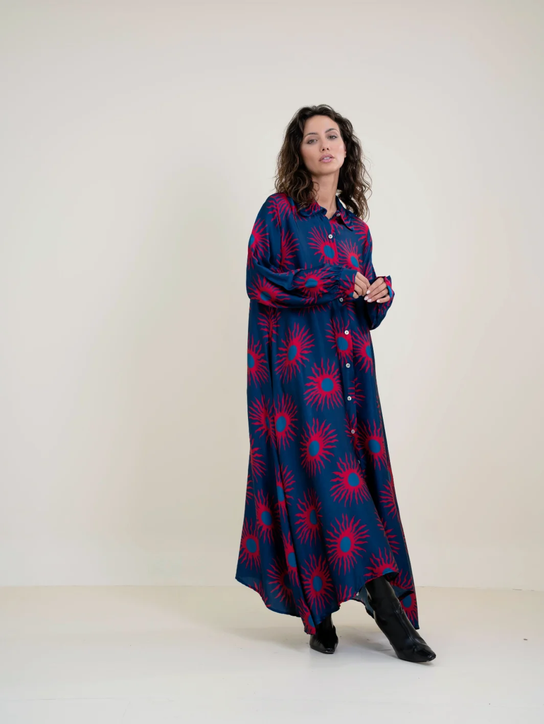 Vestido Largo Estampado con Bolsillos en Viscosa y Seda