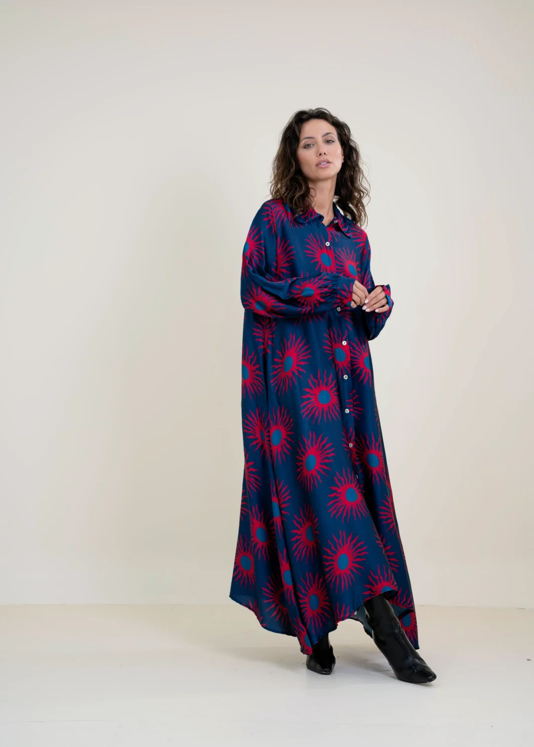 Vestido Largo Estampado con Bolsillos en Viscosa y Seda