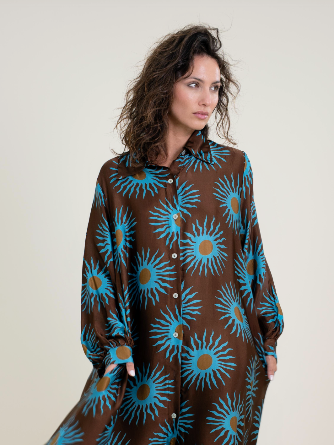 Vestido Largo Estampado azul con Bolsillos en Viscosa y Seda - Imagen 2