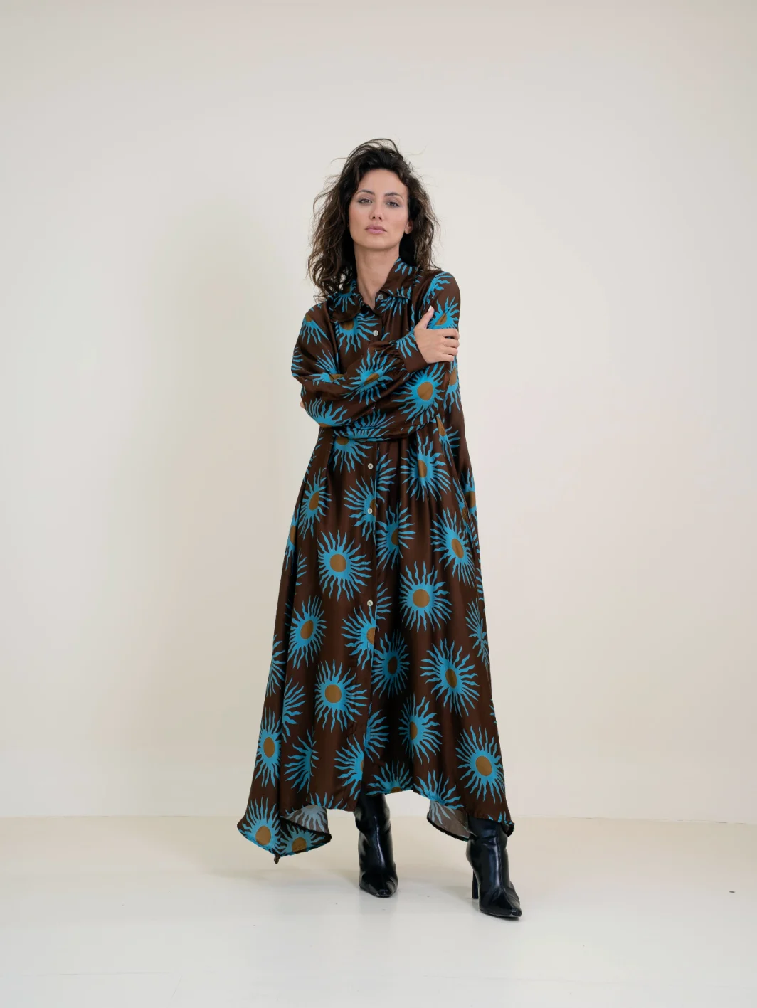 Vestido Largo Estampado azul con Bolsillos en Viscosa y Seda