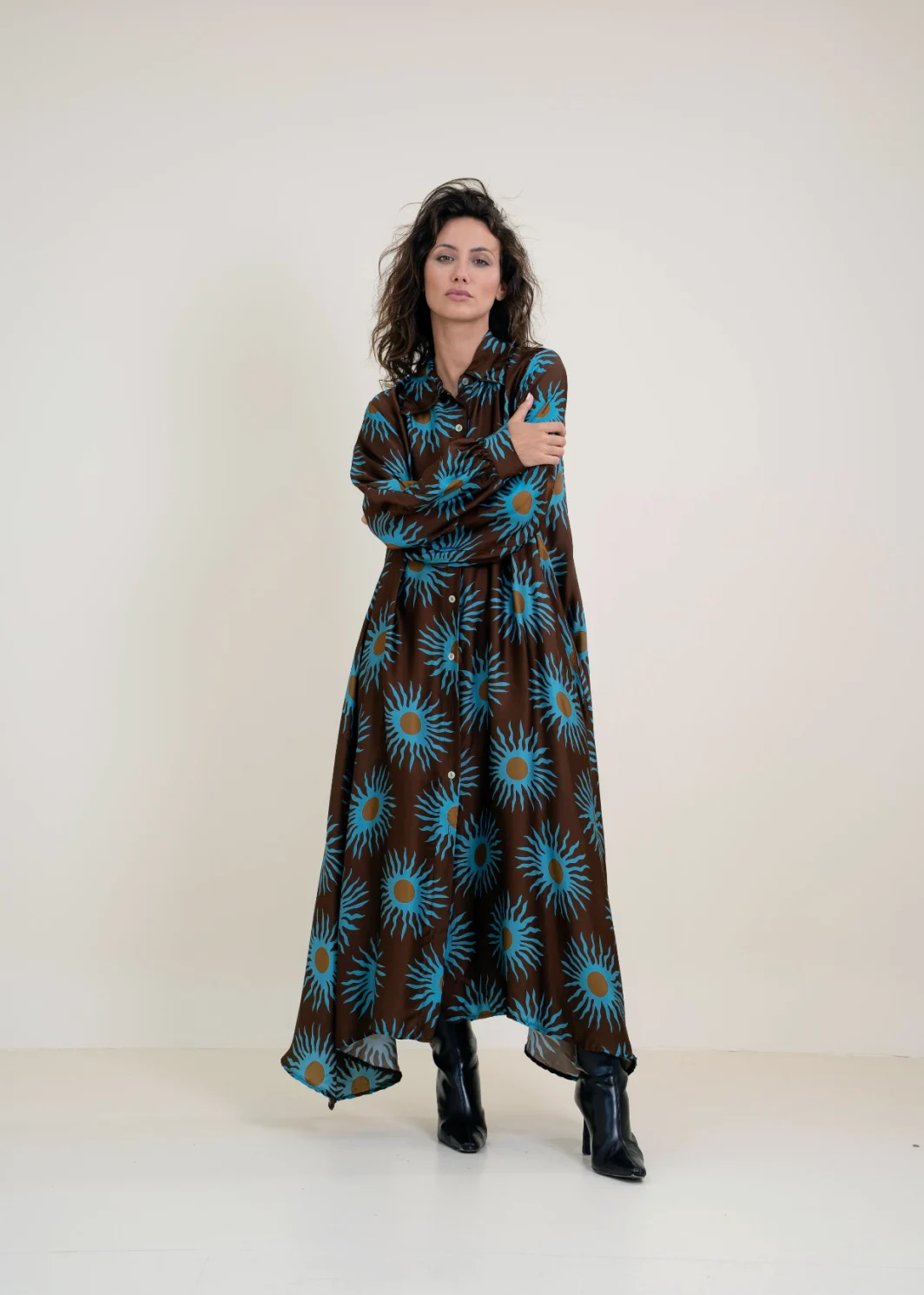 Vestido Largo Estampado azul con Bolsillos en Viscosa y Seda